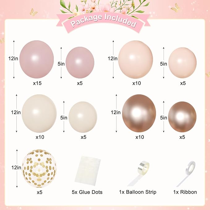 Dusty Pink and Gold Birthday Decorations for Women Girls, Dusty Pink Blush Rose Gold Sand White Gold Foil Confetti Balloons Happy birthday Banner Gold Butterfly Fringe Curtains Birthday Decorations