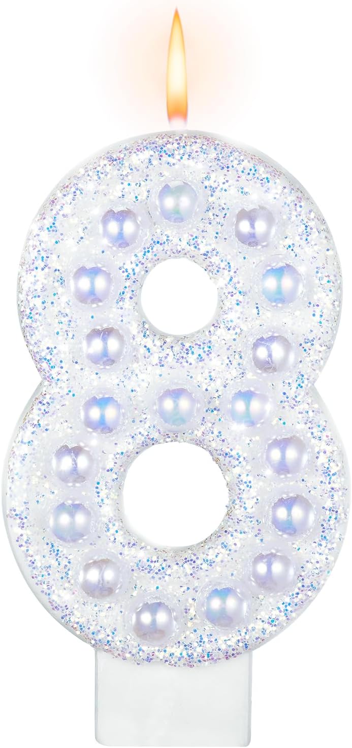 Birthday Candles, Number 8 Birthday Candle for Cake, Birthday Candles Sparklers with Holographic Colored Pearls, 3.35" Large Pearl Candles for Eight Sweet Birthday Party Decoration Supplies
