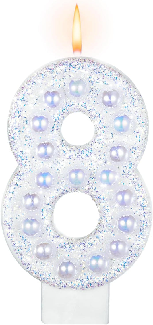 Birthday Candles, Number 8 Birthday Candle for Cake, Birthday Candles Sparklers with Holographic Colored Pearls, 3.35" Large Pearl Candles for Eight Sweet Birthday Party Decoration Supplies