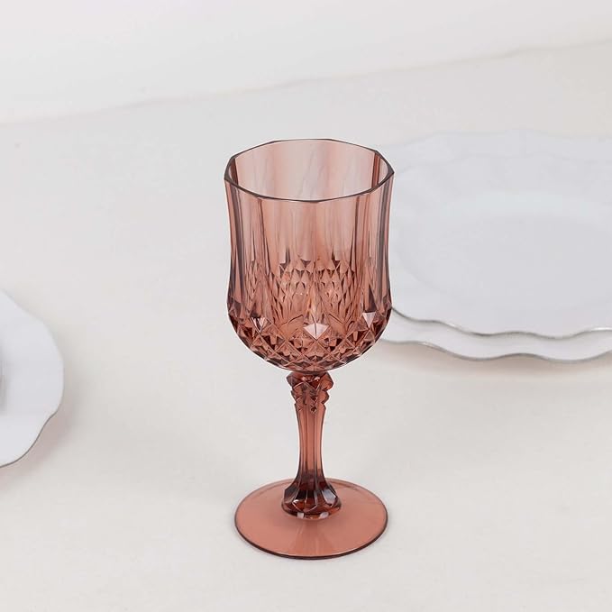 Efavormart 6-Pack Plastic Wine Glasses 8oz, Dusty Rose - Crystal Cut Shatterproof Cocktail Goblets Drinking Glasses
