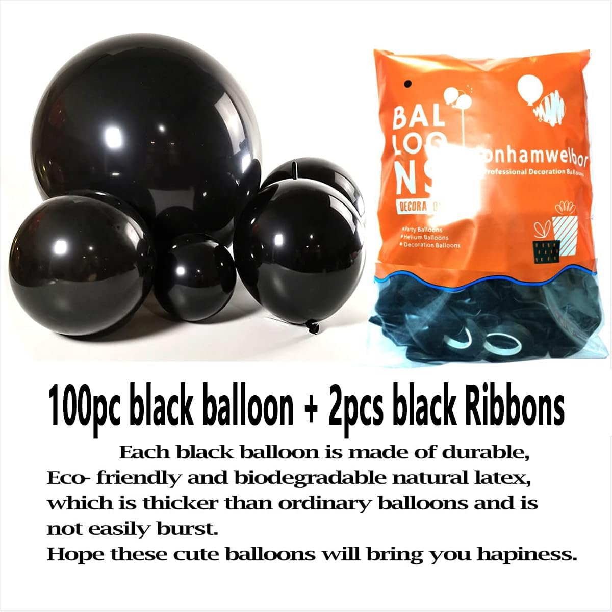 Jonhamwelbor Black Balloons 12 inch 100 Pack Black Latex Metallic Chrome Balloons for Birthday Halloween Graduation Baby Shower Party Decorations (with Ribbon)