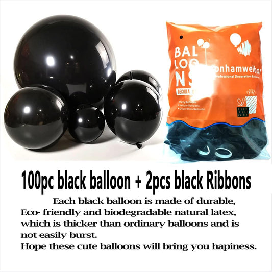 Jonhamwelbor Black Balloons 12 inch 100 Pack Black Latex Metallic Chrome Balloons for Birthday Halloween Graduation Baby Shower Party Decorations (with Ribbon)