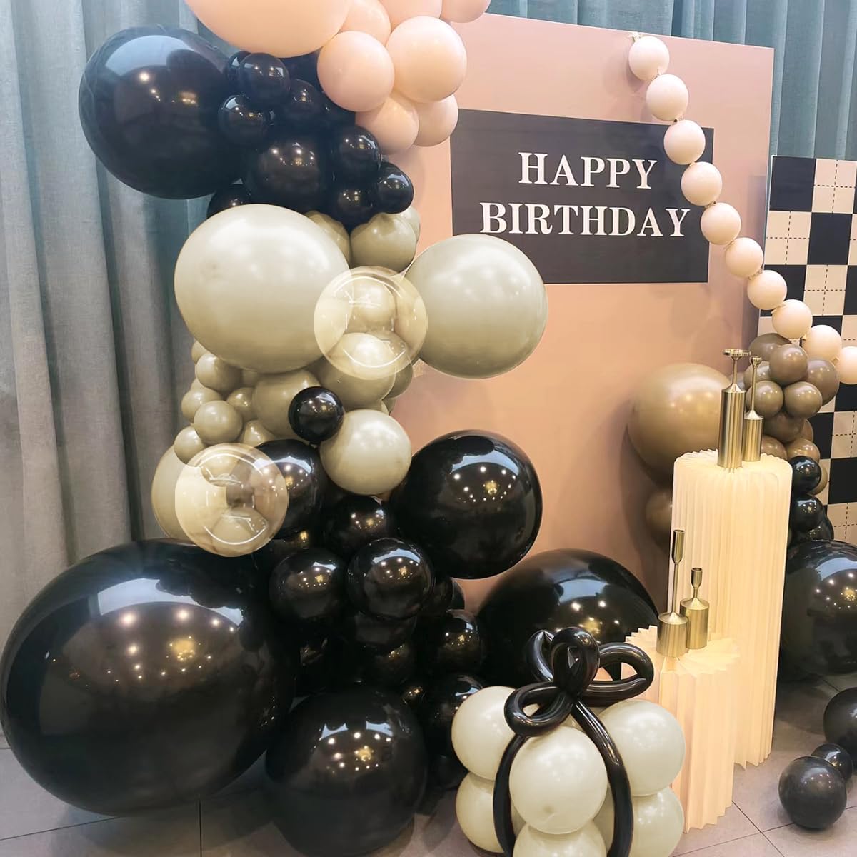 White Sand Black Balloons Arch Kit with Bobo Balloon, 151Pcs Latex Balloons Garland 18 12 10 5 inch for Birthday Wedding Bridal Shower Bachelorette Anniversary Party Decorations