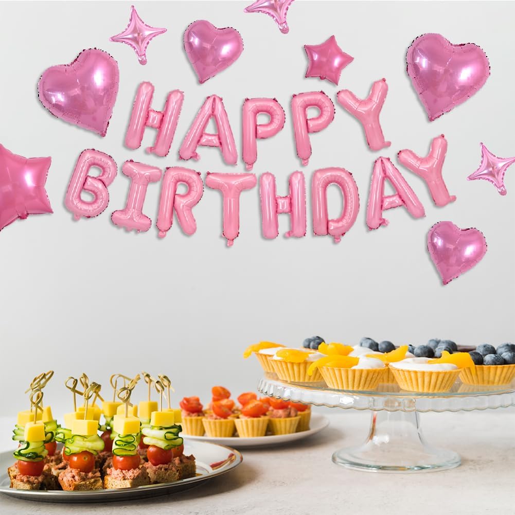TONIFUL 35PCS Light Pink Happy Birthday Decorations 16 Inch Happy Birthday Balloon Banner with Star Balloons Mylar Foil Birthday Party Decorations Supplies for Men Women Adults Girls Boys Kids