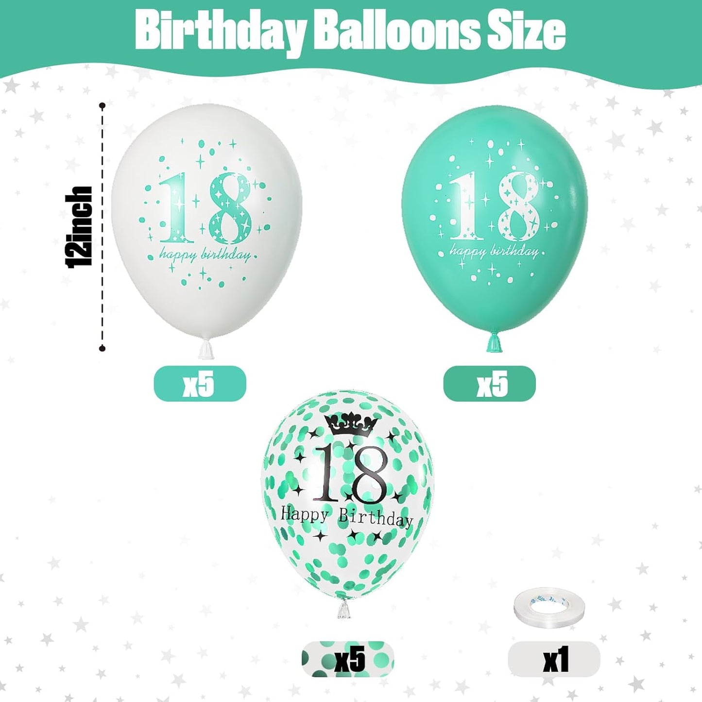 Happy 18th Birthday Decorations for Boys, Turquoise White Confetti 18th Birthday Latex Balloons for Girls, 15 Pieces Teal White 18th Party Decorations for Age 18 Years Old Birthday Decor Supplies