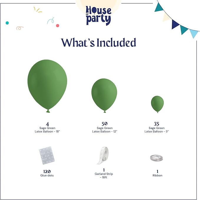 HOUSE OF PARTY Sage Green Balloon Garland - 5/12/18 Inch | Olive Green Balloons Garland for Easter Party Decorations, Graduation Party, Birthday Themed decor & Christmas Decorations