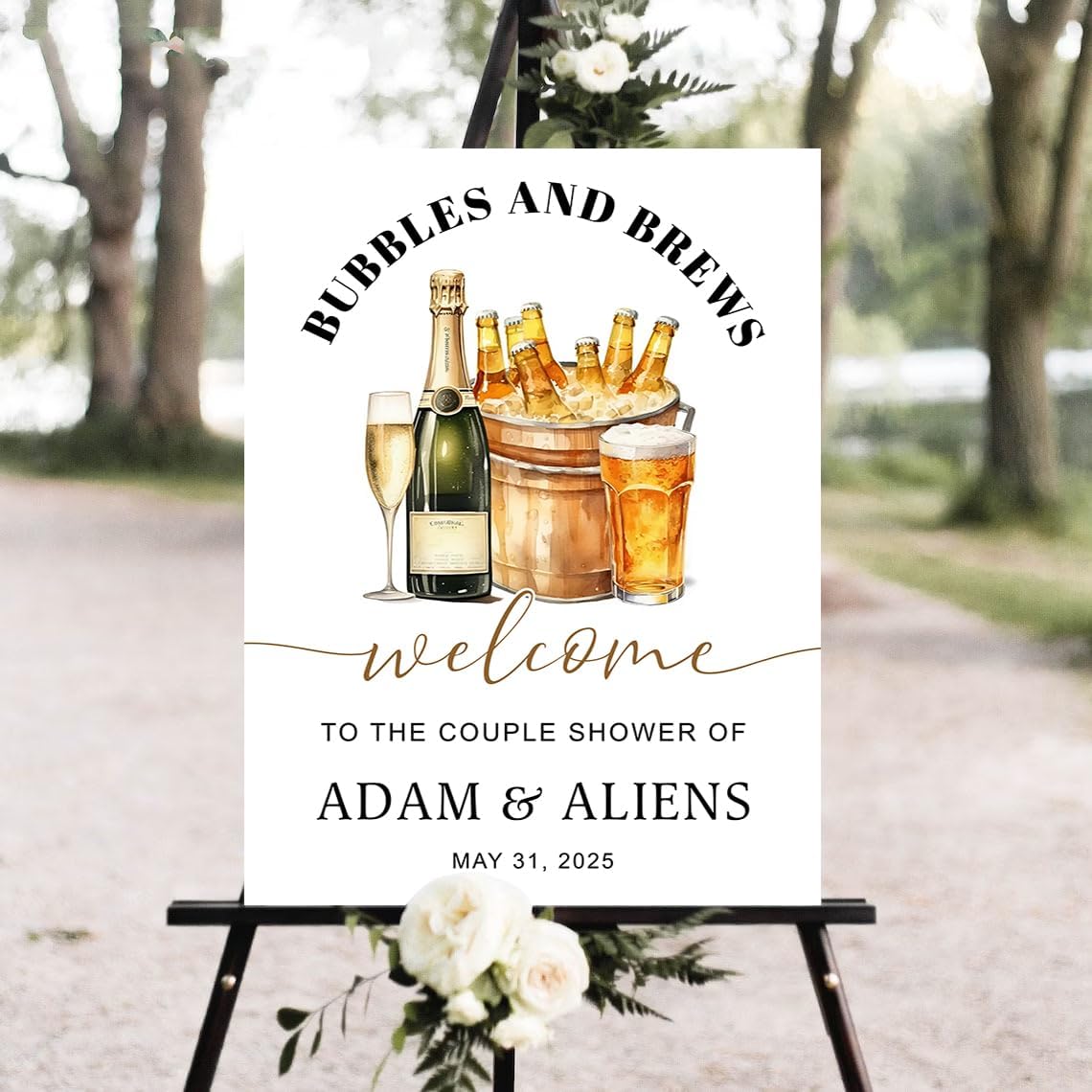 Personalized Greenery Eucalyptus Bubbles and Brews Couples Shower Welcome Sign, Gold Modern Minimalist Wedding Shower Bridal Party Decoration, Outdoor Plastic Sign Weatherproof #8