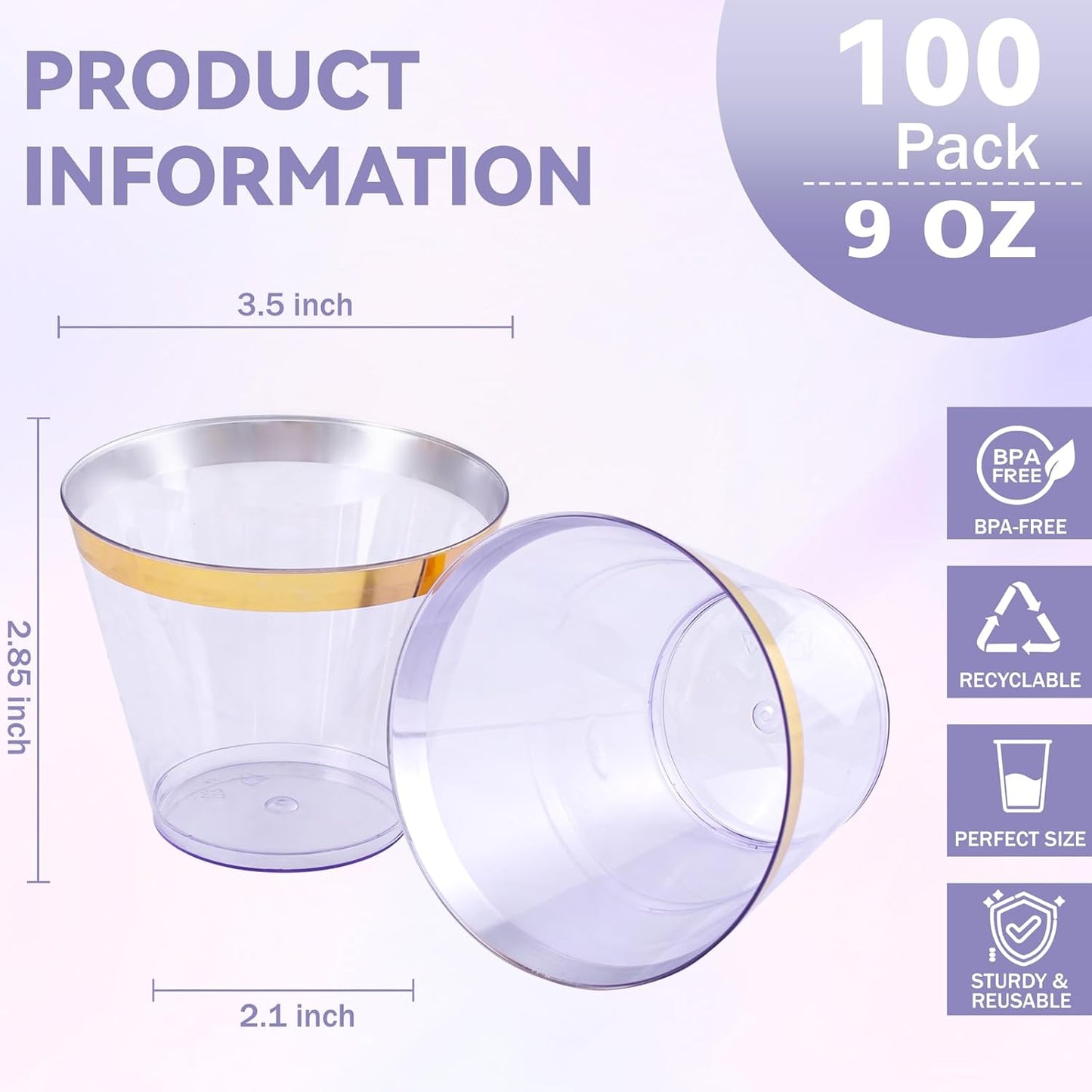 supernal 100 Pack Purple Plastic Cups, 9 Oz Clear Purple Disposable Cups with Gold Rimmed - Plastic Wine/Cocktail Glasses, Disposable Bridal/Shower Baby Shower Cup Perfect for Party & Wedding