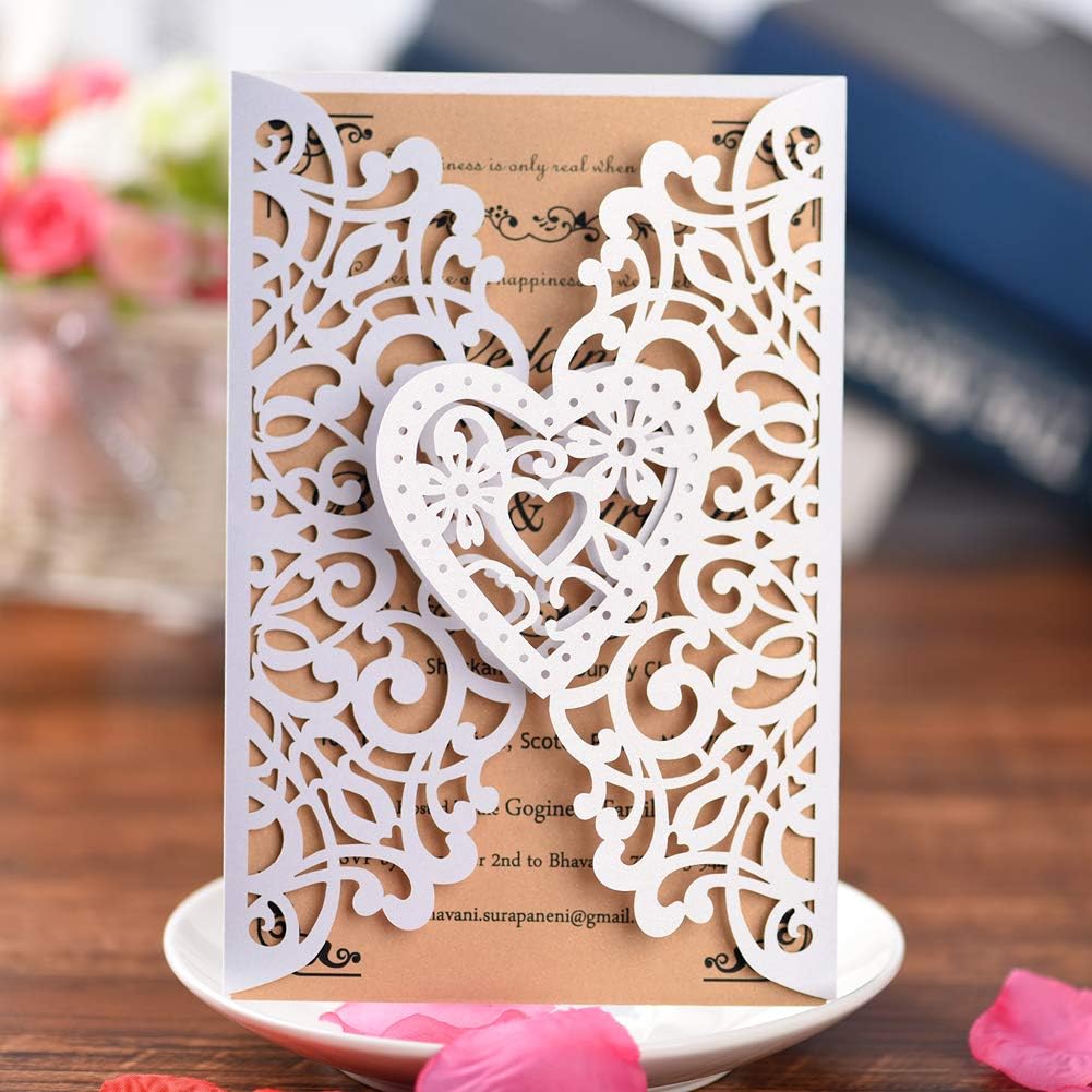 FOMTOR White Laser Cut Wedding Invitations Kits 50 Packs Laser Cut Wedding Invitations with Blank Printable Cards and Envelopes for Wedding,Birthday Parties,Baby Shower