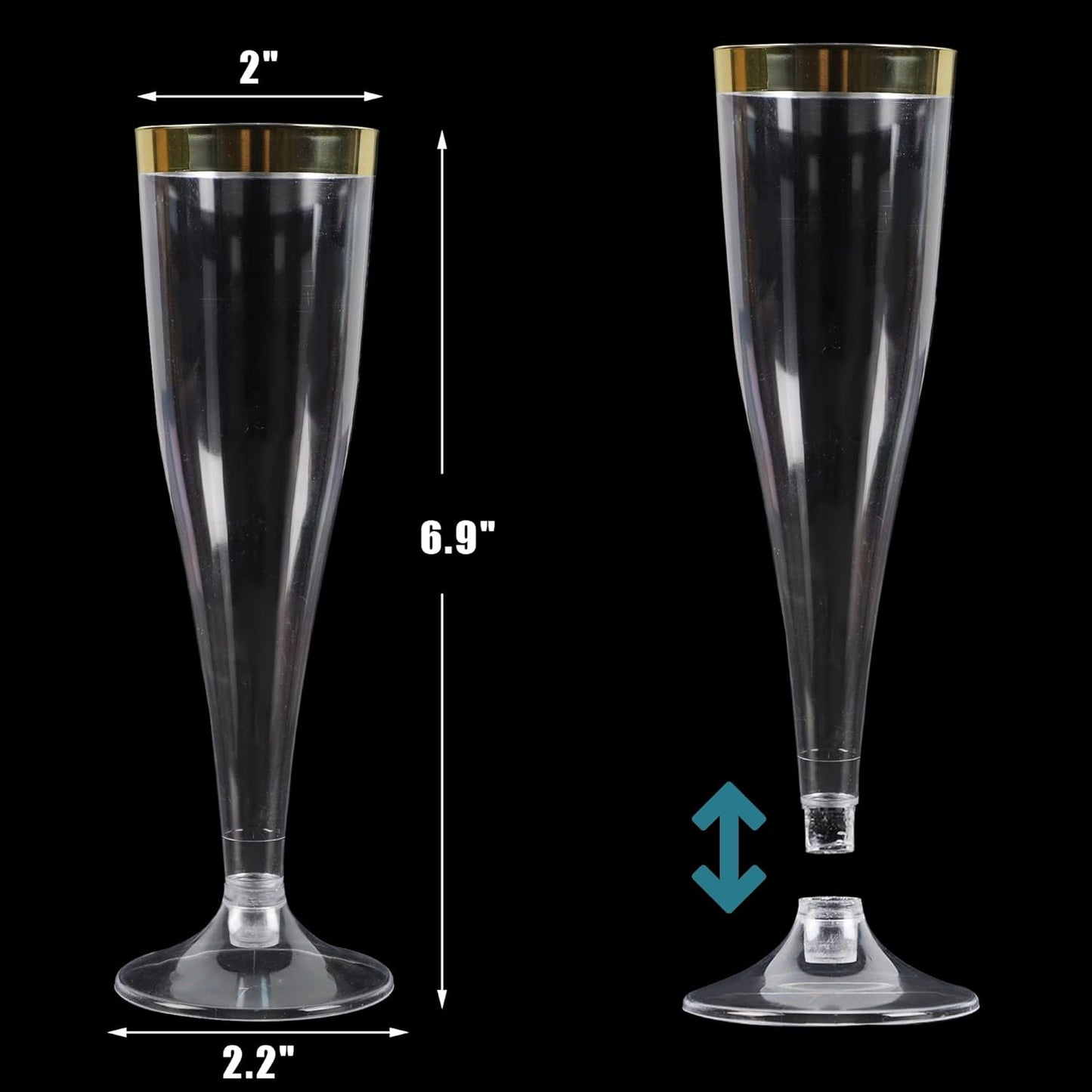 Zcaukya 100 Plastic Champagne Flutes, 4.5oz Clear Disposable Hard Stemware Cups with Golden Rim, Plastic Champagne Glasses for Wedding, Graduation Party, Bridal Shower, Birthday Party