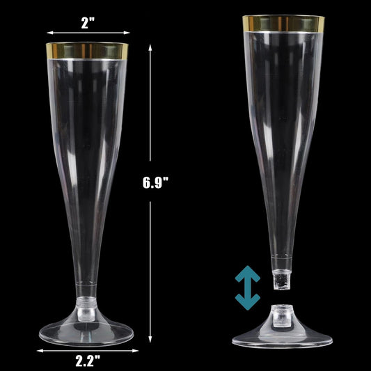 Zcaukya 100 Plastic Champagne Flutes, 4.5oz Clear Disposable Hard Stemware Cups with Golden Rim, Plastic Champagne Glasses for Wedding, Graduation Party, Bridal Shower, Birthday Party
