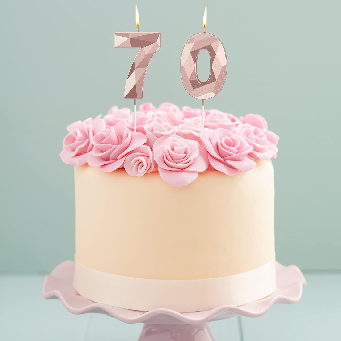 Nuanchu 70th Birthday Candles, Happy Birthday Cake Topper 3D Diamond Shape Numeral Sparkler Number Candles for Men Women Party Wedding Decoration Theme Party (Rose Gold)