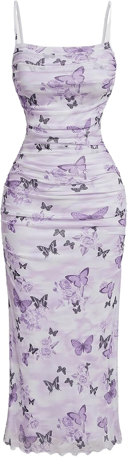GORGLITTER Women's Floral Ruched Bodycon Midi Dress Mesh Sleeveless Fishtail Cami Dresses