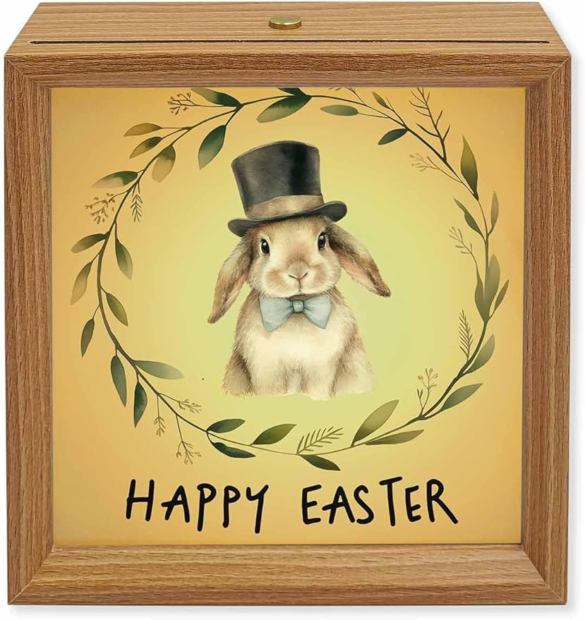 Happy Easter Bunny Garland Wooden LED Night Light USB Rechargeable Dimmable Touch Table Light for Home Decor Pastoral Eucalyptus Leaf Wood Picture Frame Box,6.5X6.5IN