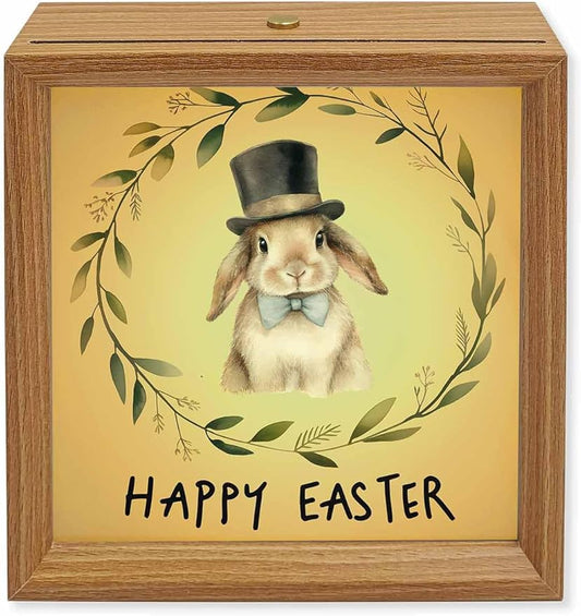 Happy Easter Bunny Garland Wooden LED Night Light USB Rechargeable Dimmable Touch Table Light for Home Decor Pastoral Eucalyptus Leaf Wood Picture Frame Box,6.5X6.5IN