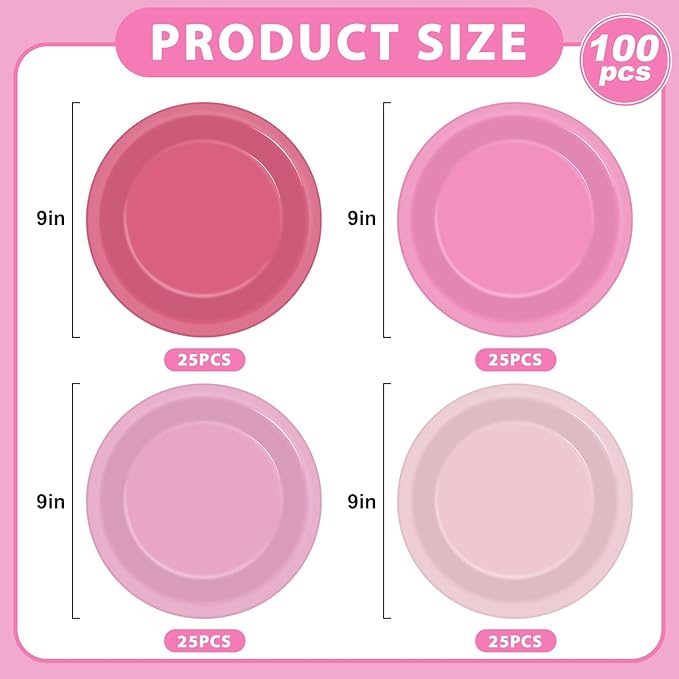 100Pcs Valentines Day Pink Paper Plates 9 Inch Gradient Pink Color Plates Disposable Round Dessert Plates Solid Color Plates Tableware Decorations for Girl Birthday Wedding Baby Shower Party Supplies