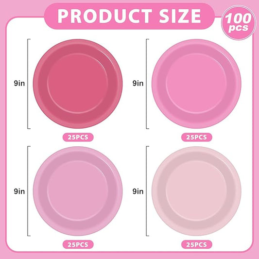 100Pcs Valentines Day Pink Paper Plates 9 Inch Gradient Pink Color Plates Disposable Round Dessert Plates Solid Color Plates Tableware Decorations for Girl Birthday Wedding Baby Shower Party Supplies