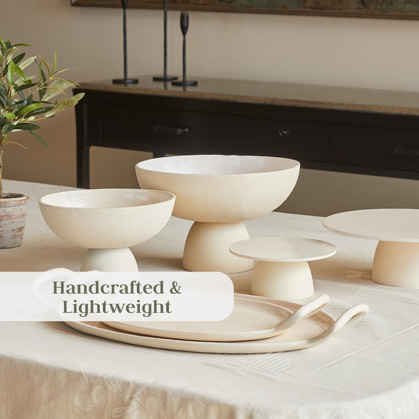 CG Hunter Large Crème Footed Bowl, Elegant Aluminum Serving Dish, Perfect for Home Decor, Dining Table Centerpiece, Fruit Display, Salad Serving, and Decorative Kitchen Accents