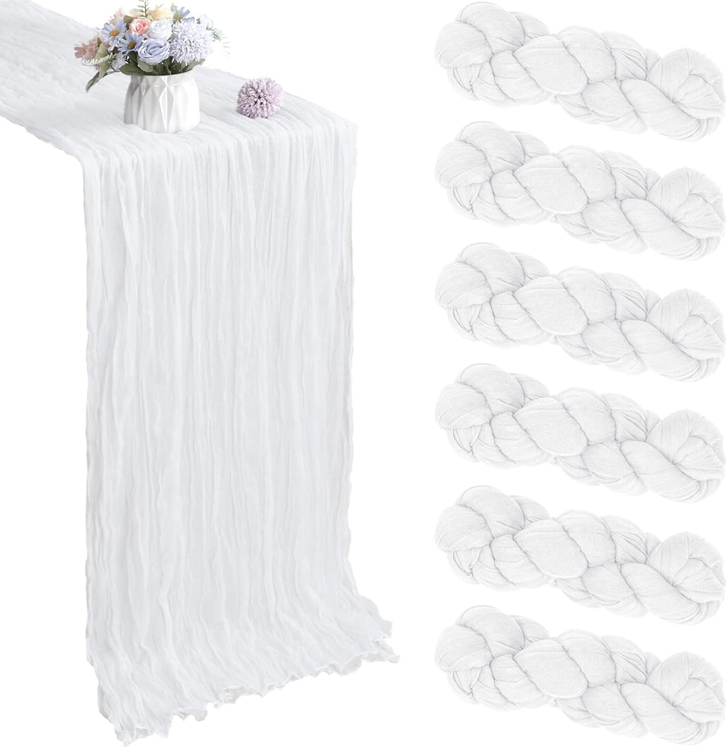 6 Pack 10FT White Cheesecloth Table Runner 35x120 Inch Gauze Rustic Boho Table Runner Cheese Cloth for Wedding Decor Birthday Party Bridal Baby Shower Table Centerpiece Decoration