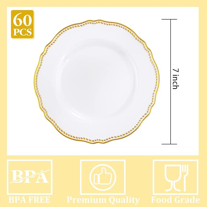 Hioasis 60pcs Gold Plastic Plates - White and Gold Disposable Dinnerware with Gold Rim, Heavy-duty, 7 inch, Dessert Plates for Party & Thanksgiving