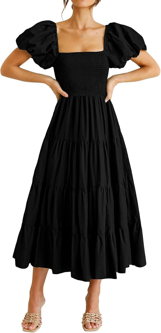 PRETTYGARDEN Women's Casual Summer Midi Dress Puffy Short Sleeve Square Neck Smocked Tiered Ruffle Dresses