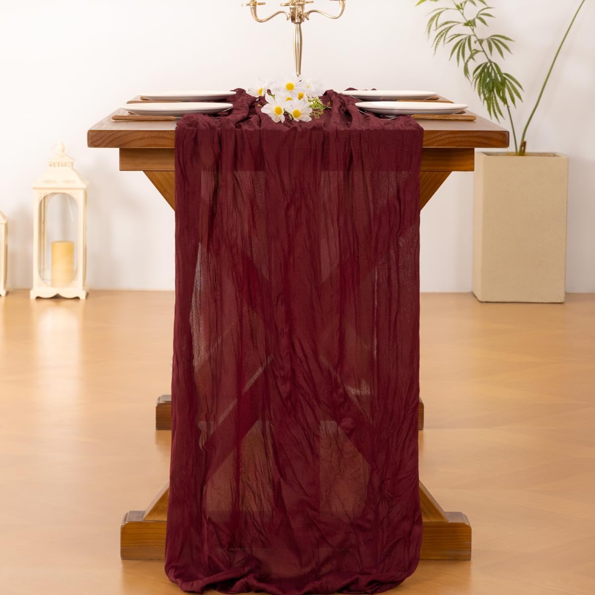 Socomi 6pcs Burgundy Red Fall Thanksgiving Cheesecloth Table Runner Boho Rustic Gauze 120 inch 10FT Cheese Cloth Runner for Wedding Party Baby Shower Birthday Home Decor Holiday Decorations