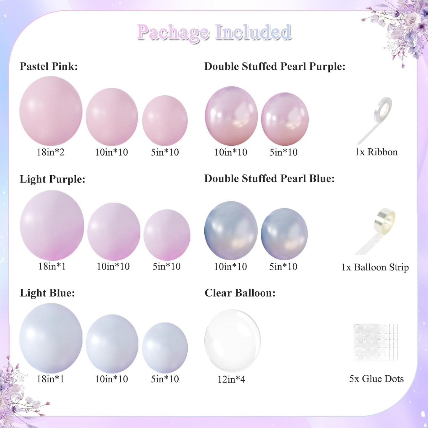 Pink Purple Blue Balloon Arch Kit 108Pcs Double Stuffed Pearl Blue Purple Iridescent Pastel Pink Blue Puple Clear Balloons for Girls Mermaid Birthday Party Baby Shower Bridal Shower Decorations
