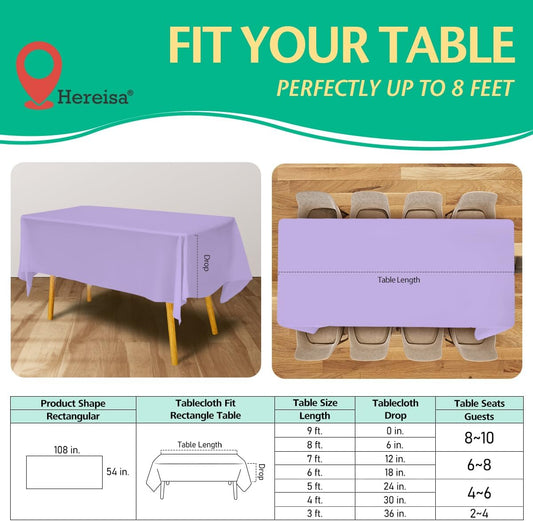 Disposable Lavender Plastic Tablecloth 54x108 Inch, 10-Count Waterproof Rectangle Table Cover for Events, Catering