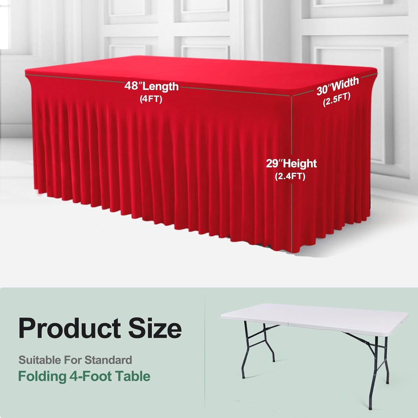 Table Skirt for 4 Foot Tables - 2 Pack One-Piece Red Tablecloths and Skirt, Wrinkle Resistant Ruffles Elastic Cover for Banquets, Weddings, Events, Parties