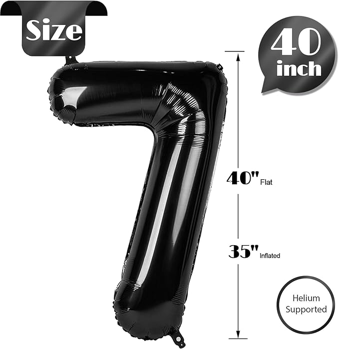 Black Number 7 Balloon 40 Inch, 7th Birthday Party Decorations for Children, Giant 7 Foil Balloon for Party Supplies
