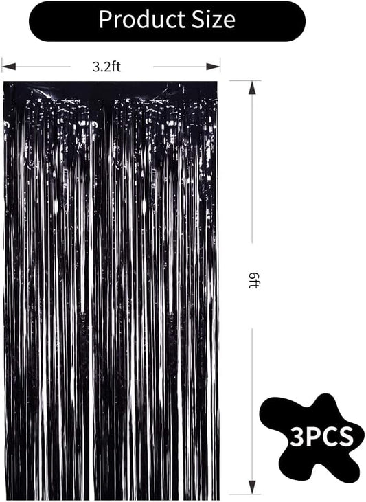 TONIFUL 3Pcs Black Door Streamers,Photo Booth Backdrop,Metallic Streamers Black Foil Fringe Curtains for Birthday,Christmas,New Year,St. Patrick's Day Halloween Party Streamers Decor(9.9ft x 6.6ft)