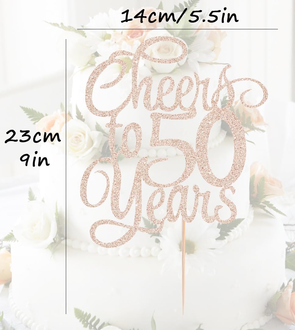 Cheers to 50 Years Cake Topper - Rose Gold Glitter 50th Birthday Cake Decorating Supplies, Perfect for 50th Anniversary or Fifty Birthday Party, Photo Booth Props