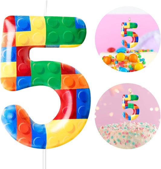 Building Block Themed Birthday Candle Number 5 Candle Birthday Party Decoration Cake Topper for Building Block Party Decoration Theme Parties Supplies (Number 5)