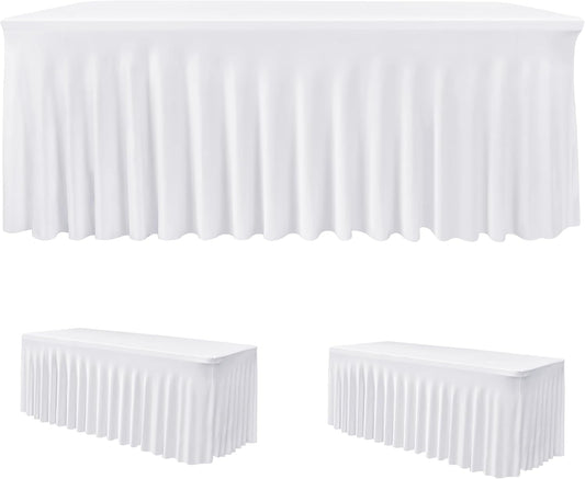 HolidayIdeas White 8ft Spandex Tablecloth 2 Pack Fitted Stretch Table Skirts 30x96 Inch, Wrinkle-Free Floor Length Polyester Table Cover for Weddings Parties Banquets Events