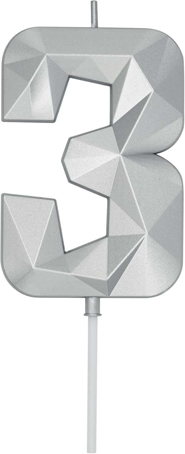 DERVENTA Birthday Candle Big Number 3D Silver 3.7 inch Party Celebration Anniversary Decoration Cake Topper 1 Piece (Number 3 Silver)
