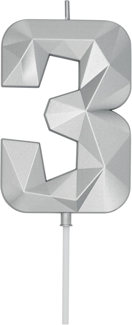 DERVENTA Birthday Candle Big Number 3D Silver 3.7 inch Party Celebration Anniversary Decoration Cake Topper 1 Piece (Number 3 Silver)