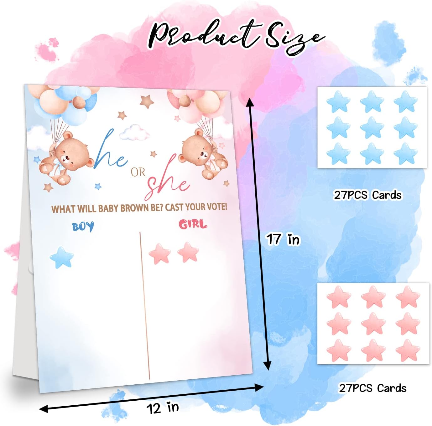 LNOKRIM Gender Reveal Party Games, Bear Theme Baby Gender Reveal Voting Board Sign, 54 Boy Girl Voting Stickers, He or She, Gender Reveal Party Centerpiece Decorations (12x17)