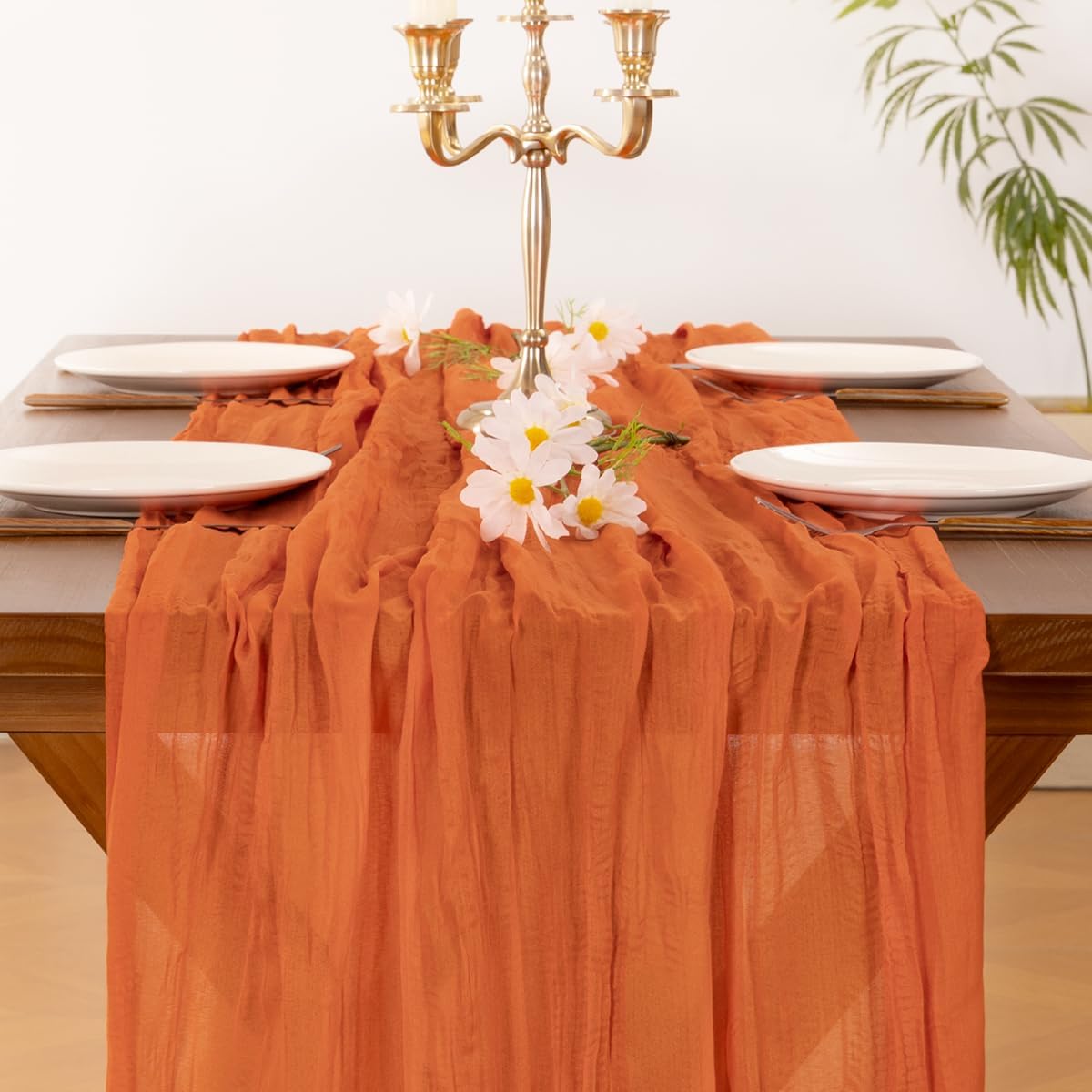 Socomi 3pcs Orange Cheesecloth Table Runner Fall Thanksgiving Boho Rustic Gauze 120 inch 10FT Cheese Cloth Runner for Wedding Party Baby Shower Birthday Home Decor Holiday Decorations