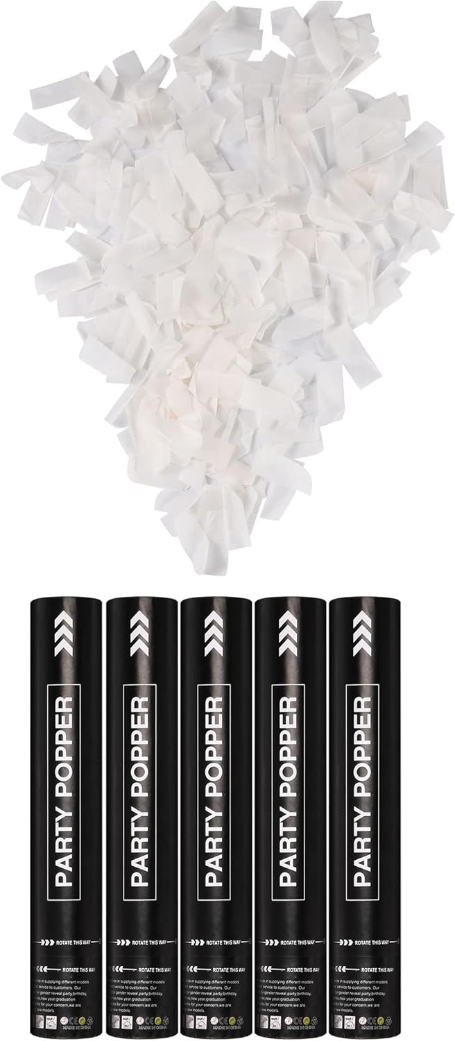 White Confetti Poppers 12 Inch,Wedding Confetti Cannon Air Powered(5 Pack),Launches 20-25ft, Party Poppers for Engaged,Birthday,Celebrations and New Years Eve