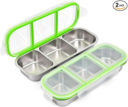 UPTRUST Reusable Snack Containers with Lids, 2pcs Stainless Steel 3-Compartment Snack Box, Divided and Leak-Proof Design for Take-Out Condiments and On-the-Go Snacks