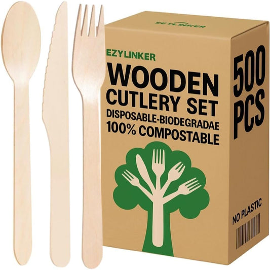 500 Pieces Disposable Cutlery, Wooden Utensils Set [200 Spoons, 200 Forks, 100 Knives] - Disposable Wooden Cutlery, Eco-Friendly Forks and Spoons, Compostable Cutlery Set Party Utensils