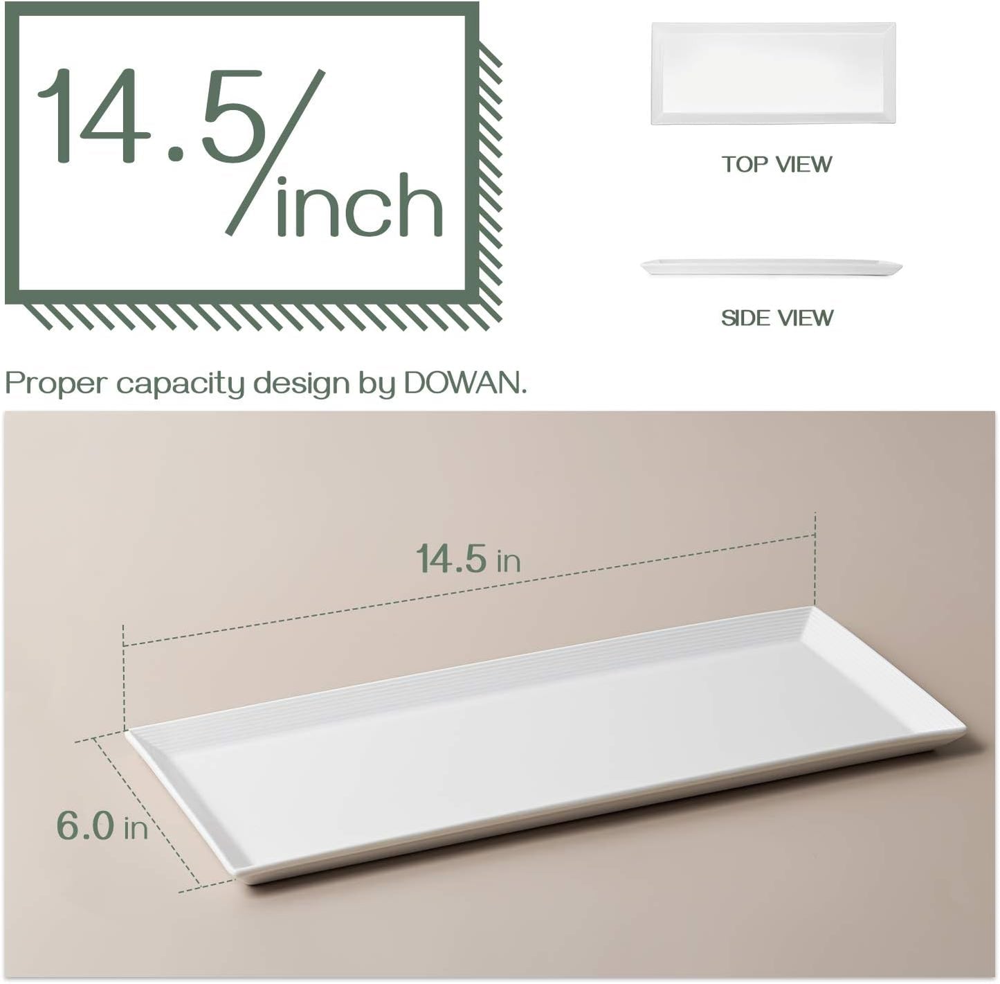 DOWAN 14.5" Rectangular Plates Set of 4 - Long Serving Trays for Sushi, Pasta, Chips, Appetizer, Cake - White Ceramic Rectangle Platter for Party, Restaurant, Banquet - Dishwasher & Oven Safe
