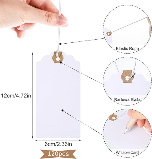 120 Pack White Gift Tags with Elastic String Hang Paper Marking Tags with String Attached Reinforced Hole Writable Inventory Tag 4.76''×2.36''