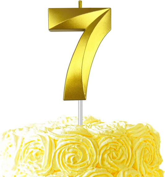Gold Number 7 Candles, 3D Diamond 2.76 Inch Cake Topper Birthday Candles for Wedding Anniversary Cake Decorations, Happy Birthday Party Decorations