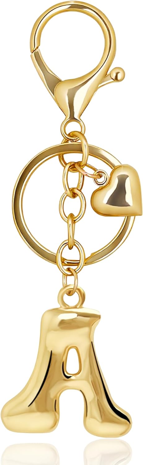 Gold Bubble Heart Initial Bag Charms for Handbags – Cute Initial Letter Keychain for Women, Purse Charms, Gold Gift