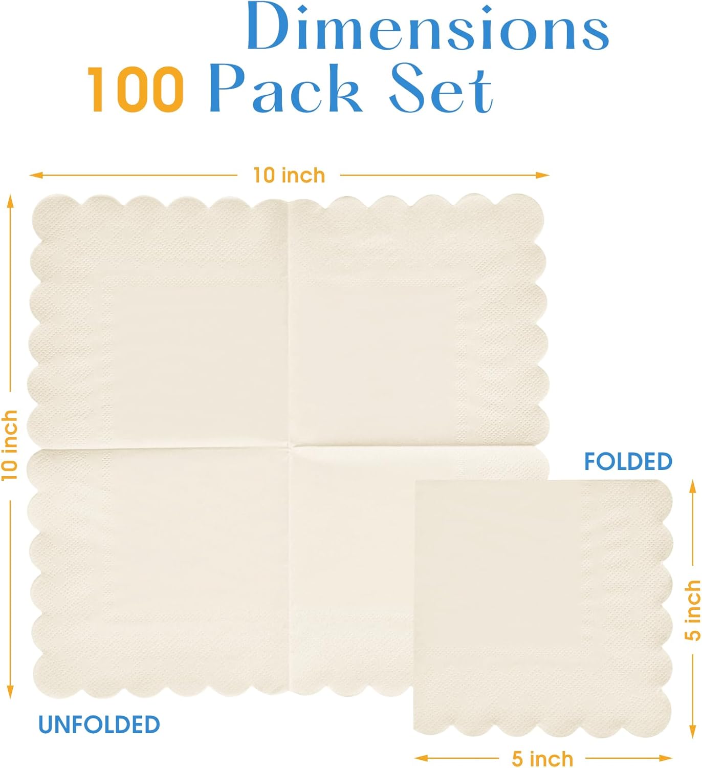 100 Pack Cocktail Napkins 3-Ply Scalloped Edged Wedding Napkins Folded 5 x 5 Inches Dessert Napkins, Disposable Napkins for Dinner Birthday Party Bridal Anniversary Baby Shower Reception (Milky-White)