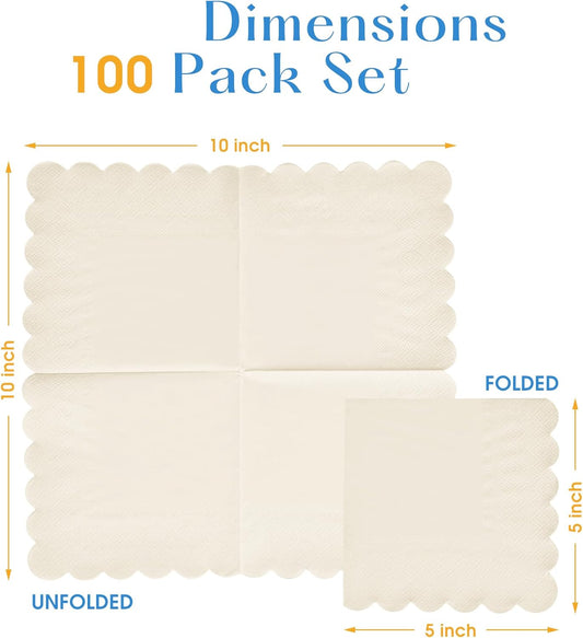 100 Pack Cocktail Napkins 3-Ply Scalloped Edged Wedding Napkins Folded 5 x 5 Inches Dessert Napkins, Disposable Napkins for Dinner Birthday Party Bridal Anniversary Baby Shower Reception (Milky-White)