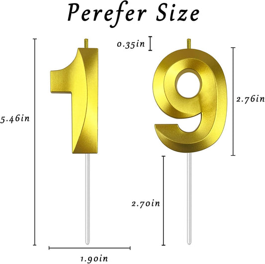 Gold Number 19 Candles, 3D Diamond 2.76 Inch Cake Topper Birthday Candles for Wedding Anniversary Cake Decorations, Happy Birthday Party Decorations
