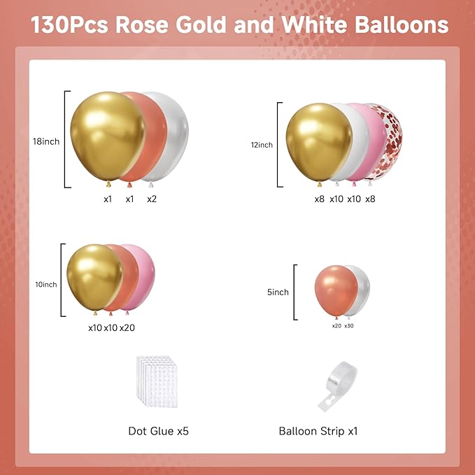 Rose Gold Balloons Arch Kit,130pcs Pearl Metallic Rose Gold Balloon Garland,Different Sizes White and Gold Latex Balloons for Wedding Bridal Baby Shower Birthday Party Decorations for Women