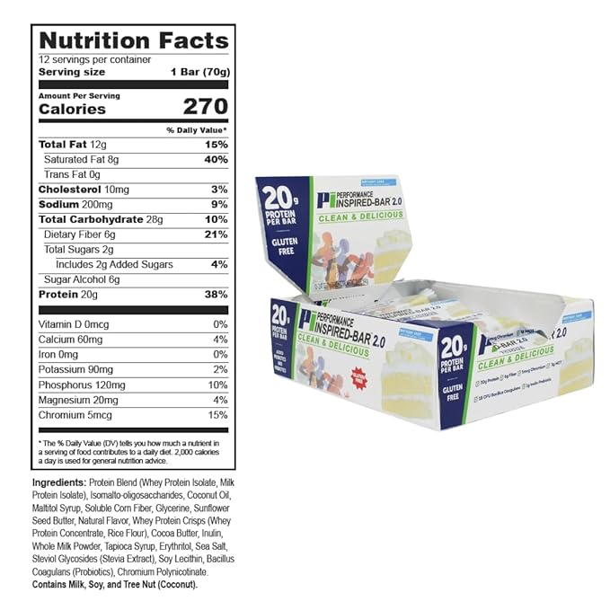 Performance Inspired Nutrition Protein Bar 2.0 – 20G Protein, 6G Fiber, 3G MCTs, 1 Billion CFU Probiotics – Gluten-Free – Birthday Cake Flavor – 12 Count